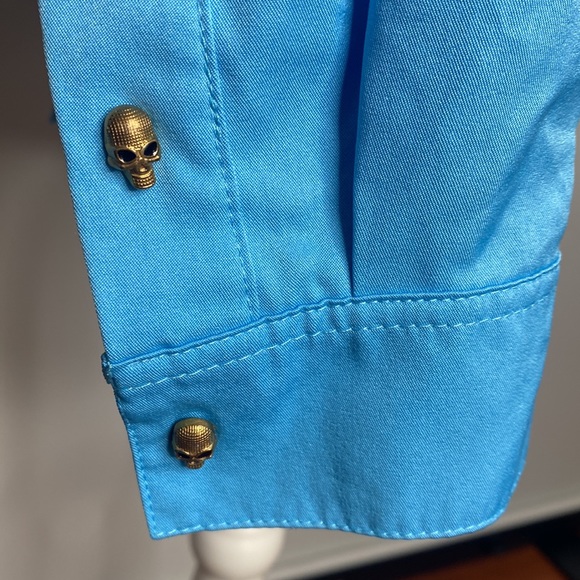 Skull Halloween shirt button down shirt long sleeves for women size XL blue - Picture 8 of 11